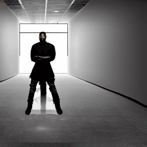 Prompt: kanye west in a long empty office building, the backrooms, dramatic lighting, 4 k, highly detailed