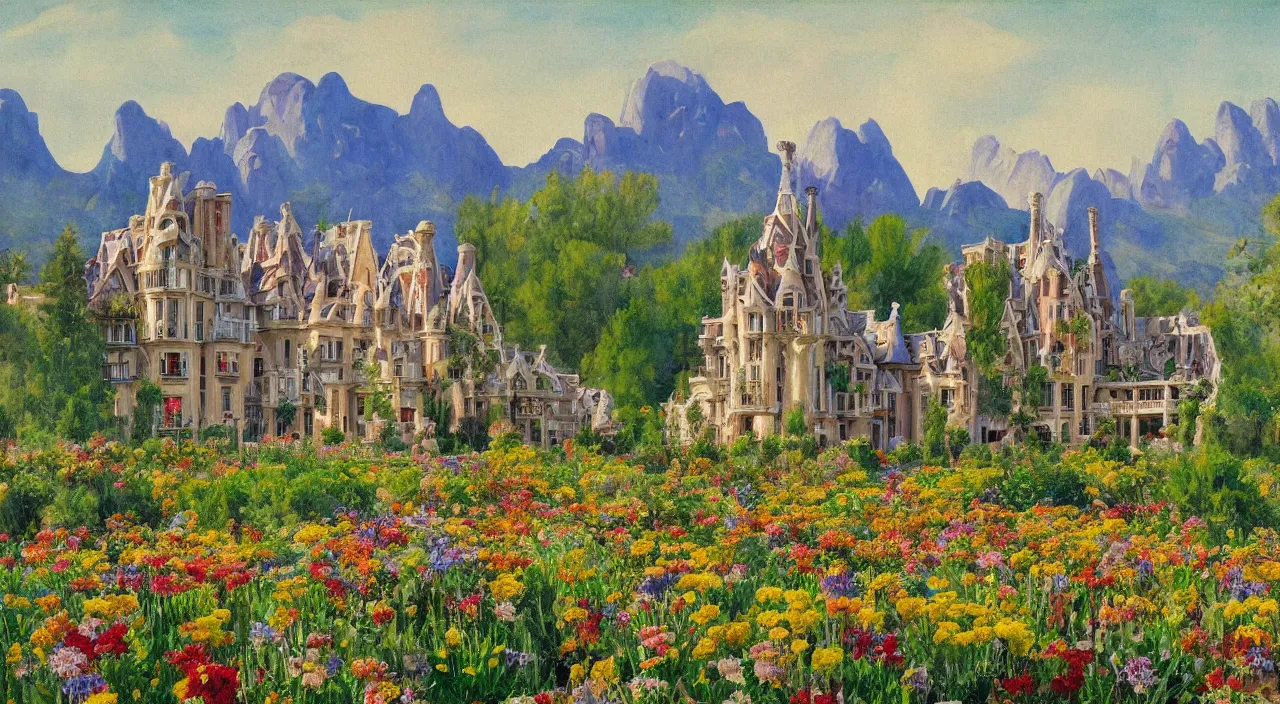 Image similar to a landscape painting of a manor designed by Antoni Gaudí, with flower fields as foreground, with mountains as background