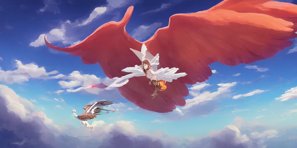 Image similar to A girl flying with a bird-shaped white glider over the clowds, Nausicaa of the Valley of the Wind, Miyazaki Hayao, ghibli style, highly detailed, digital painting, concept art, sharp focus, illustration