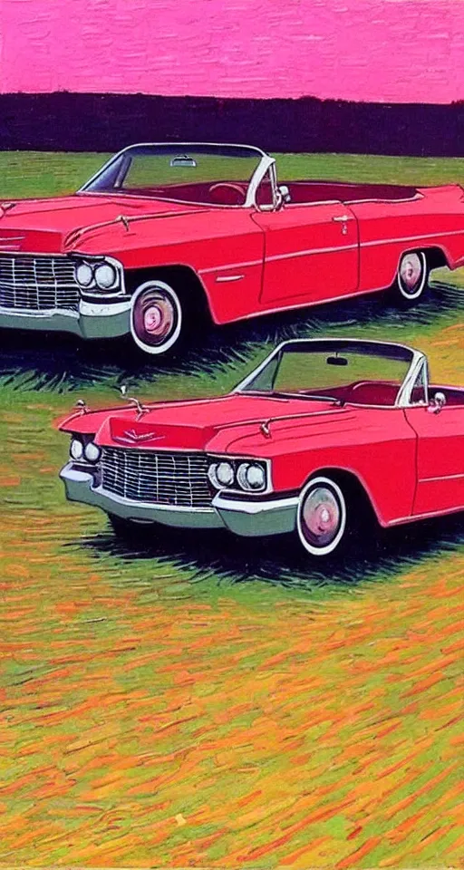 Image similar to painting of 1 9 6 3 red cadillac convertible driving down an empty highway into a pink sunset, aesthetic, minimalist, realistic, surreal, by vincent van gogh