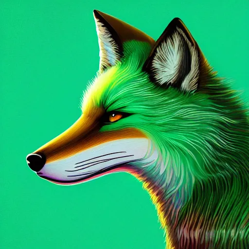 Prompt: digital light green fox, retrowave palette, digital world, highly detailed, electric breeze, anatomically correct vulpine, synth feel, fluffy face, ear floof, flowing fur, super realism, accurate animal imagery, 4 k digital art