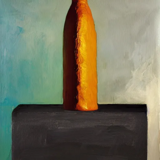 Prompt: ultrafine detailed painting of an abstract bottle sculpture on top of a table, still life by julian schnabel and john chamberlain, tonalism, oil on canvas, surrealist painting, behance, academic art