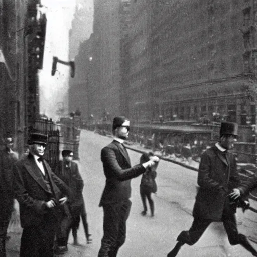 Image similar to a vintage photography of slenderman rampage through New York Streets, 1900's,