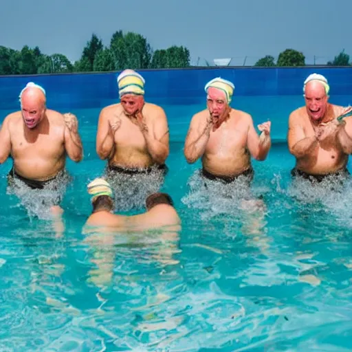 Prompt: A group of old bald men screaming with noodles on their head while wearing swimming trunks