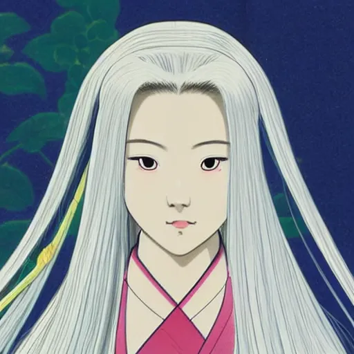 Prompt: Portrait of a japanese princess young lady, with white hair!!!! beauty artwork by Studio Ghibli, white hair