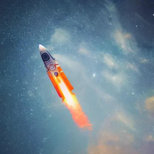 Image similar to orange and white rocket flying through the sky, a digital rendering by christopher moeller, shutterstock contest winner, space art, ue 5, redshift, uhd image