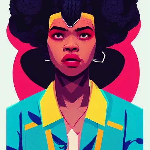 Prompt: Sachin Teng illustration of an afropunk female villain character, medium shot, asymmetrical, profile picture, outlines, rich colours, , trending on artstation, by Sachin Teng