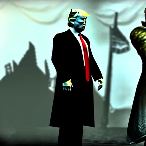 Image similar to donald trump in dark soulsd, ps 3 gameplay, highly detailed