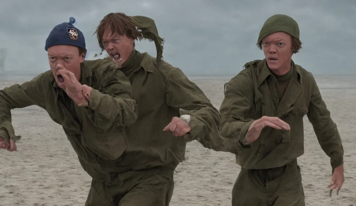 Image similar to photo realistic image of Matthew Lillard as shaggy from scooby doo, storming the beaches of Normandy, 8k HD, high detail, photorealistic, Hollywood cinematic, Christopher Nolan