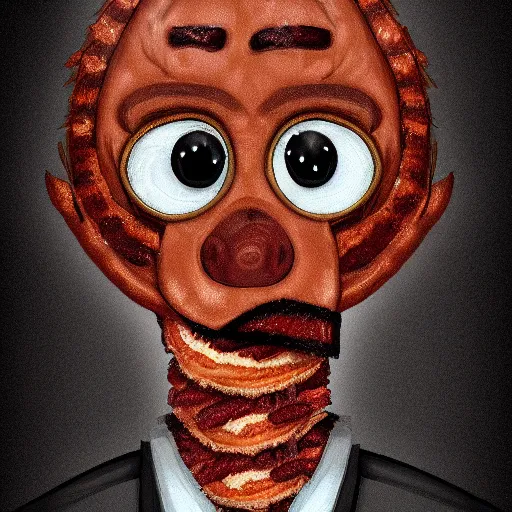 Prompt: anthropomorphic slice of bacon dressed as a doctor, horror, gritty, artstation