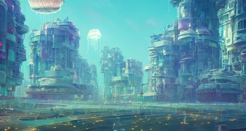 Prompt: A Jellyfish city rendered by Beeple, Makoto Shinkai, syd meade, simon stålenhag, environment concept, digital art, unreal engine, WLOP, trending on artstation, low level, 4K UHD image, octane render,