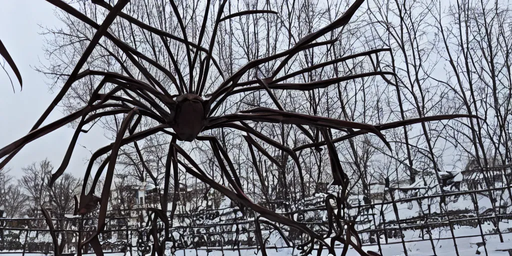 Image similar to a sculpture of a huge iron spider in the fence of the winter palace