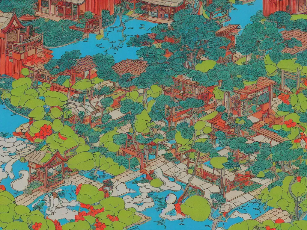 Prompt: close - up traditional japanese home with a garden, a pond in the garden, startroopers are sitting around the pond, a combination of pop - art and traditional japanese painting styles, the style of andy warhol and jackie tsai, bright palette, acrylic on canvas