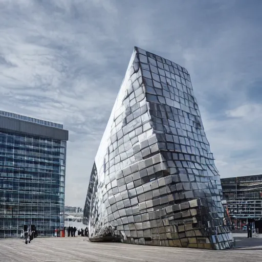 Image similar to a incredible cutting edge new building on the London waterfront designed by bjarke ingels, with a giant modern stainless steel sculpture in front of it at monumental scale, photo by Annie Leibovitz