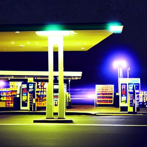 Prompt: a convenience store at gas station in the dark misty night