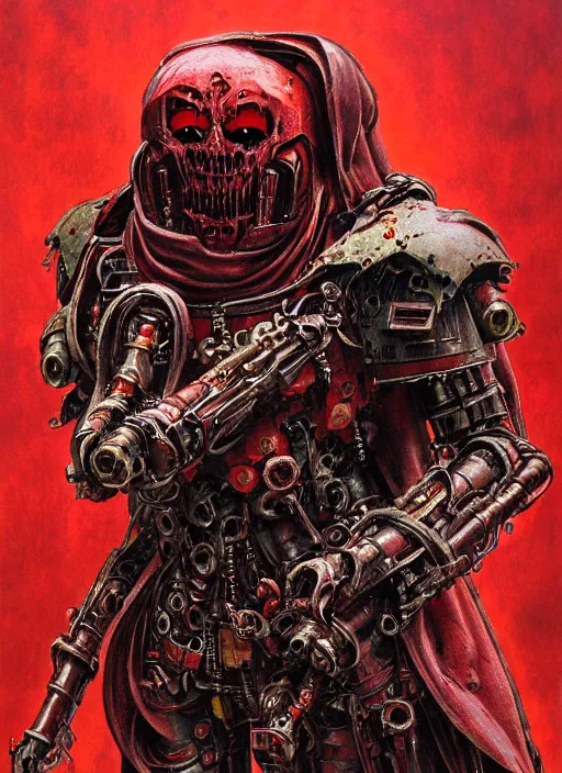 Prompt: portrait of rotten zombie head adeptus mechanicus in red hood and robe from Warhammer 40000. Highly detailed, artstation, illustration by and John Blanche and zdislav beksinski and wayne barlowe