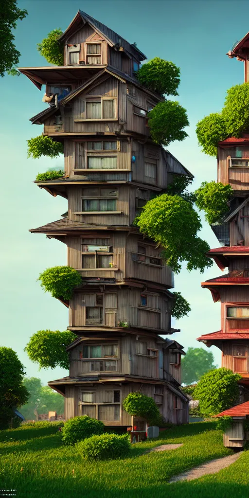 Image similar to stacked houses, solarpunk, studio ghibli, jean - baptiste monge, octane render, 4 k