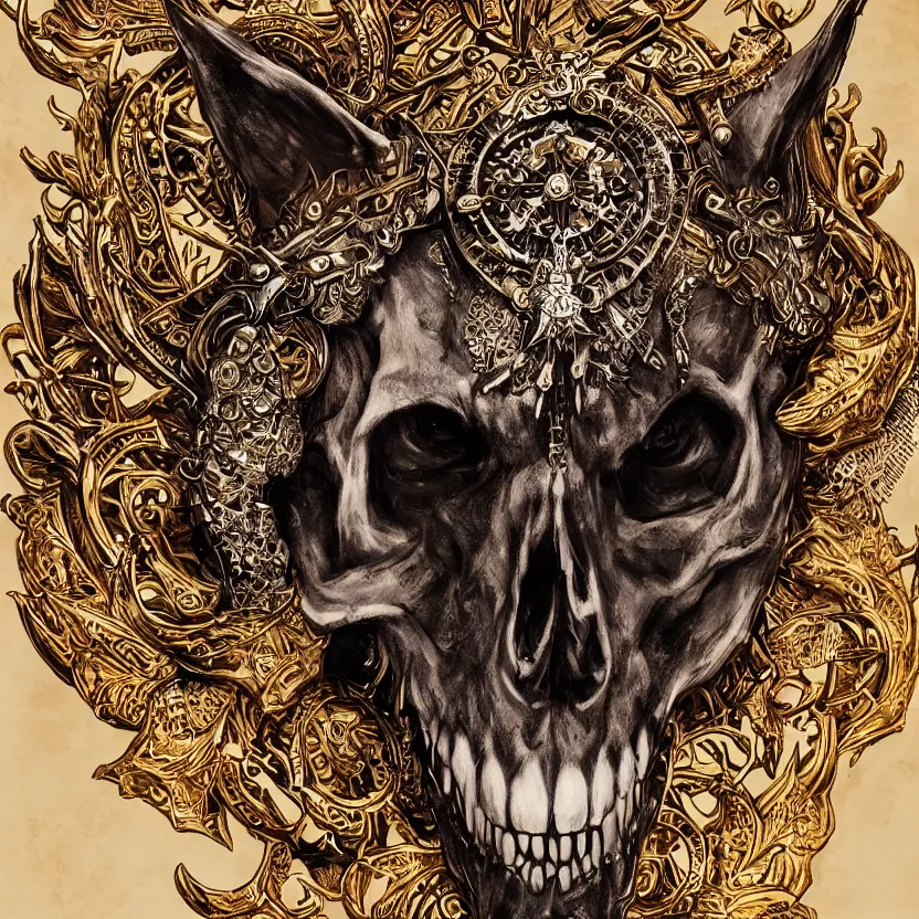 Prompt: photo portrait portrait of skull of wolf, lying on bones, dramatic lighting, golden ornaments, symmetric, intricate skeletal decorations, symmetry, highly detailed, tarot, concept art, black, red, white, gold layers, warhammer, style of nekroxiii, hyperrealistic, dark background, smoke, artstation