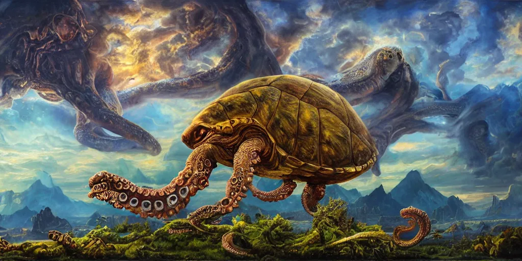 Image similar to fantasy oil painting, great leviathan, cybernetic turtle cephalopod terrapin reptilian pachyderm squid, bella hadid, hybrid, milla jovovich, anubis, epic natural light, lush plants flowers, spectacular mountains, bright clouds, luminous sky, outer worlds, golden hour, michael cheval, edward hopper, michael whelan, vray, hd