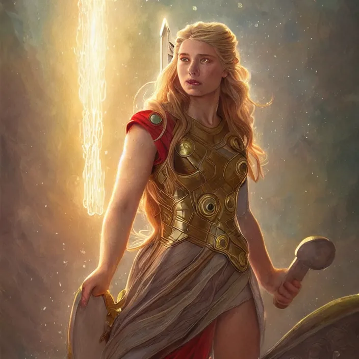 Image similar to beautiful female thor with sparkling eyes, summoning stormbreaker, highly detailed, gold filigree, fantasy, soft cinematic lighting, award, disney concept art, watercolor illustration by mandy jurgens and alphonse mucha and alena aenami, pastel color palette, featured on artstation