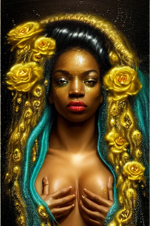 Image similar to hyperrealistic post rococo cinematic very expressive! black oshun goddess, in water up to her shoulders, mirror dripping droplets!, gold flowers, highly detailed face, digital art masterpiece, smooth eric zener cam de leon dramatic pearlescent volumetric teal light, high angle uhd 8 k, sharp focus