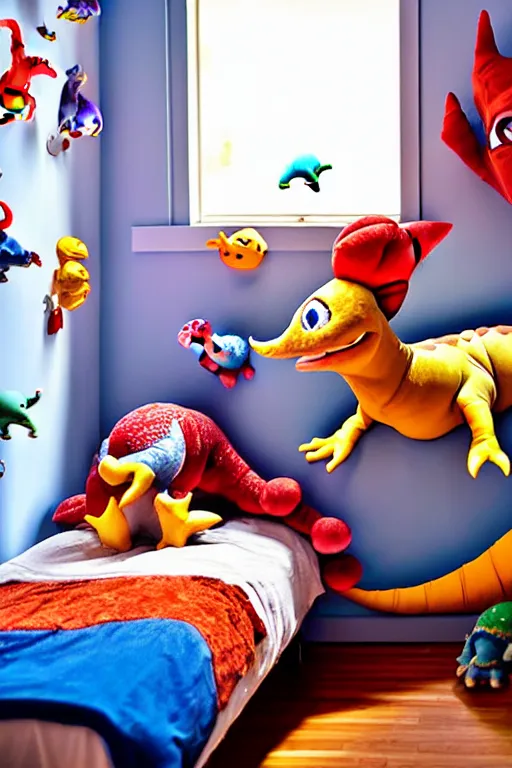 Prompt: a child's tidy bedroom, the bed contains several different small plush dinosaurs, brightly lit interior, nostalgic morning atmosphere, in the style of raymond s. persi, wolfgang reitherman, tex avery