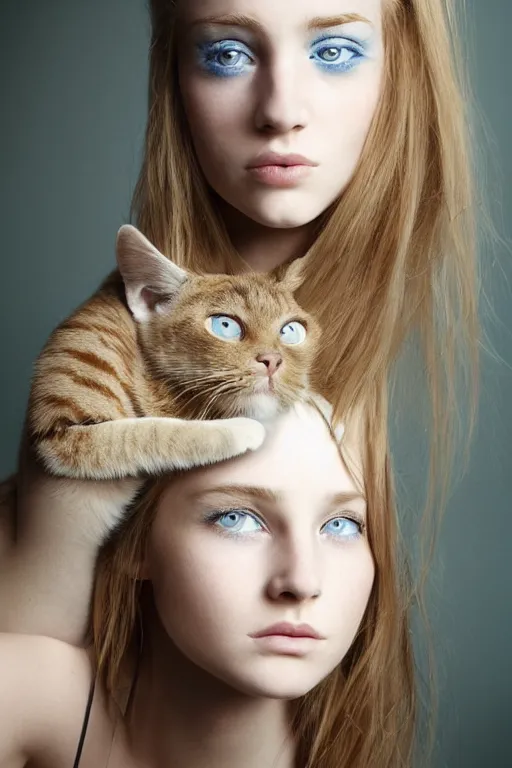 Image similar to photo realistic portrait of a blonde hair blue eyed teenage girl, sharp jawline seductive pose, Teary-eyed, makeup with a cat's companion on her side. Photography portrait by Paolo Roversi