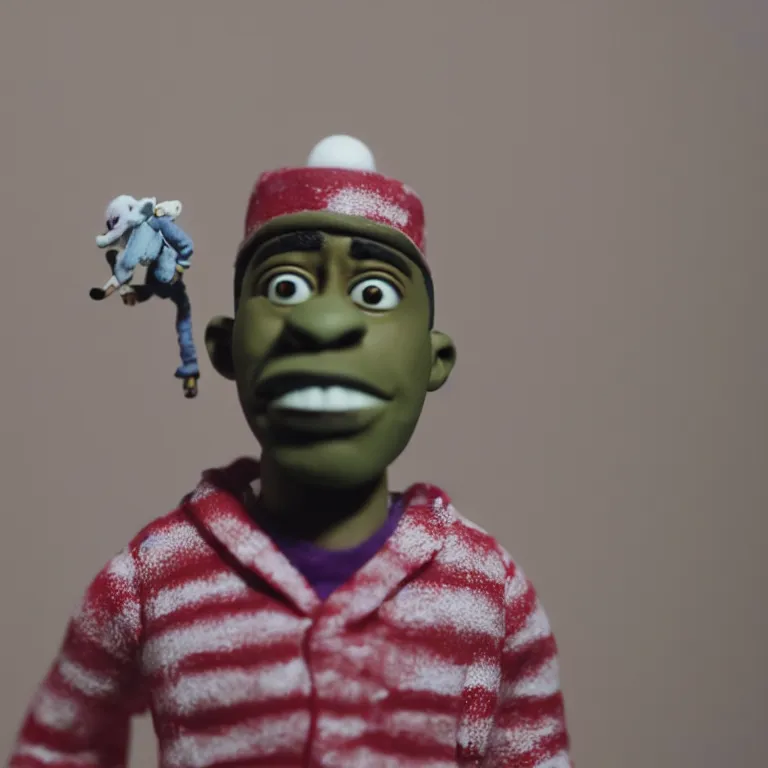 Image similar to a cinematic film still of a claymation stop motion film starring tyler the creator, shallow depth of field, 8 0 mm, f 1. 8