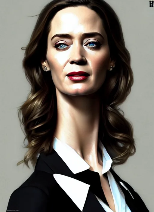 Image similar to portrait of emily blunt as business woman, black suit, white shirt, black tie, intricate, headshot, highly detailed, digital painting, artstation, concept art, sharp focus, cinematic lighting, illustration, art by artgerm and greg rutkowski, alphonse mucha, cgsociety