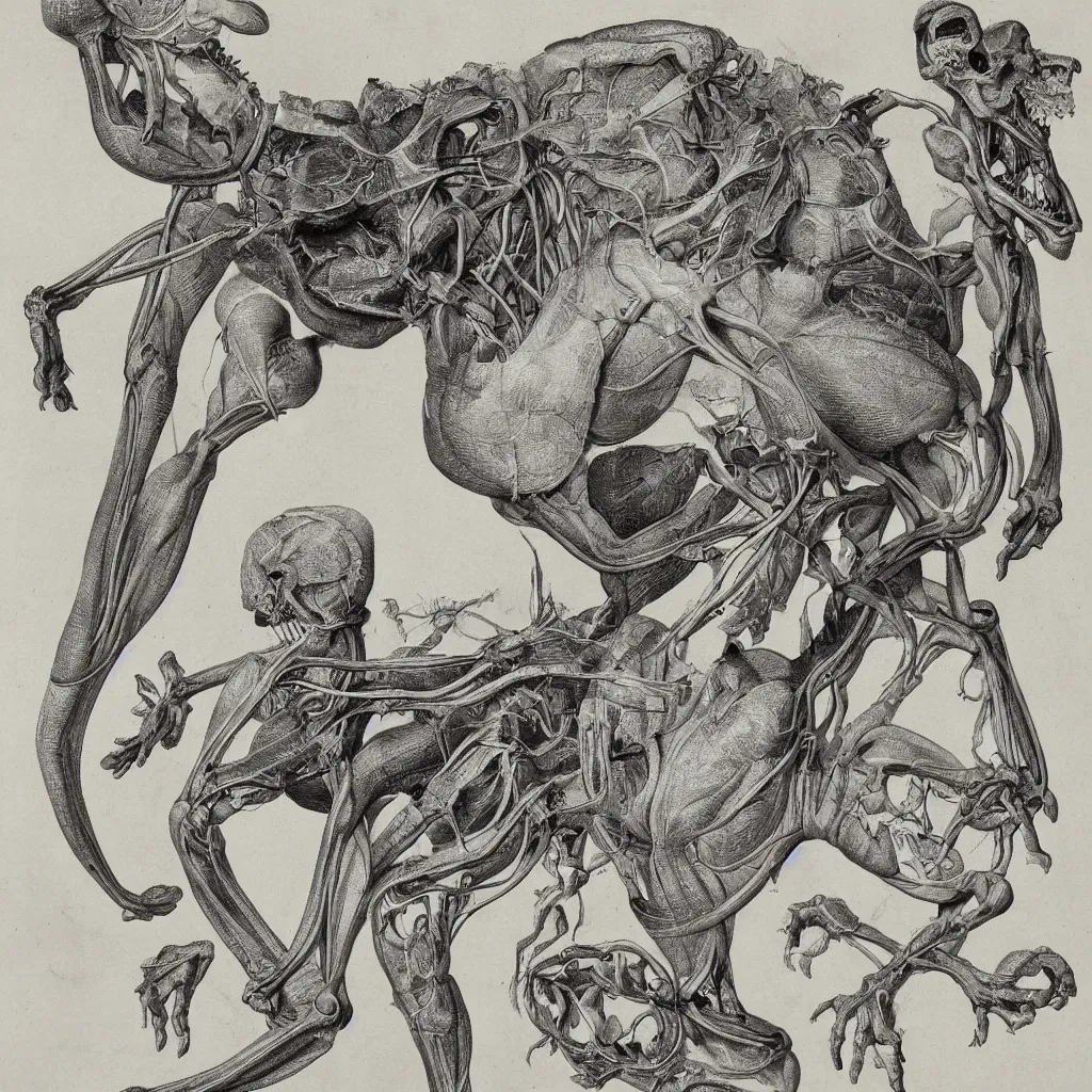 Image similar to anatomical engraving of an unknown specie, anatomical study of animal hybrids from another universe