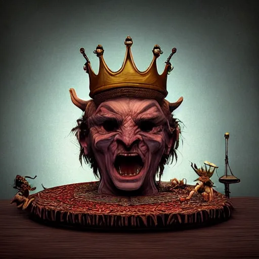 Prompt: ~ ~ a demon!!!!! with a crown!!!!! sitting on top of a table ~ ~, a character portrait by vladimir kush!, @ zbrush central # contest winner, fantasy art, @ zbrush, # dystopian art, # rococo, ugly