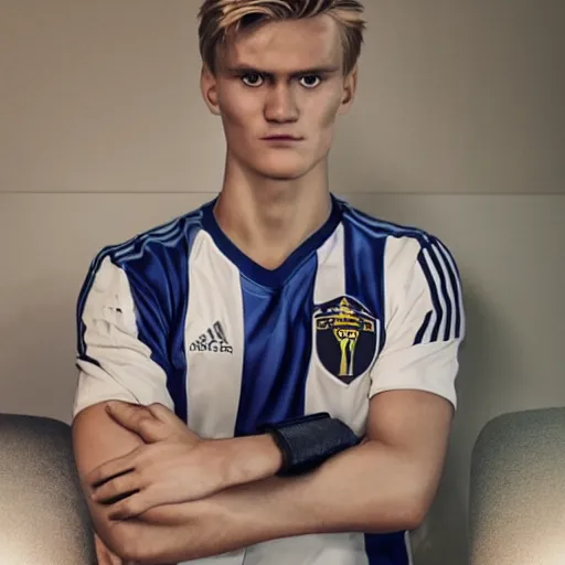 Image similar to a realistic detailed photo of a guy who is an attractive humanoid who is half robot and half humanoid, who is a male android, soccer player martin ødegaard, shiny skin, posing like a statue, blank stare, in a living room, on display, showing off his muscles, spiral eyes