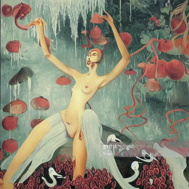 Image similar to tall female catgirl artist holding sheet music in her flooded apartment, pomegranates, octopus, water gushing from ceiling, painting of flood waters inside an artist's apartment, a river flooding indoors, mushrooms, ikebana, zen, rapids, waterfall, black swans, canoe, berries, acrylic on canvas, surrealist, by magritte and monet