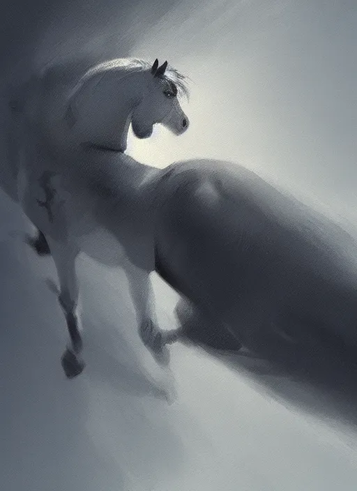 Prompt: oil painting bird's eye view of a horse on a white background seen from above, concept art, digital art, artstation, cinematic, digital art painting by greg rutkowski, cinematic lighting