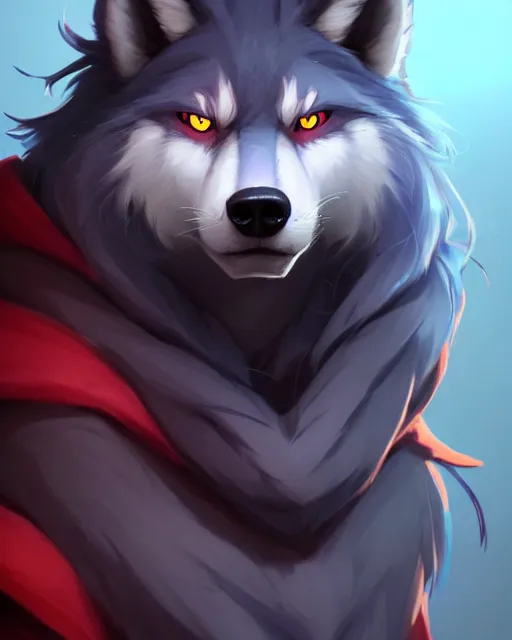 Image similar to character concept art of a dark gray anthropomorphic furry wolf with long red hair blue eyes | | cute - fine - face, pretty face, key visual, realistic shaded perfect face, fine details by stanley artgerm lau, wlop, rossdraws, james jean, andrei riabovitchev, marc simonetti, and sakimichan, artstation