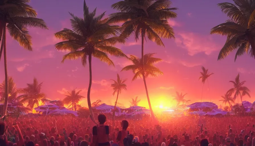 Prompt: A music festival in the heart of a tropical island during a sunset, hyperdetailed, artstation, cgsociety, 8k
