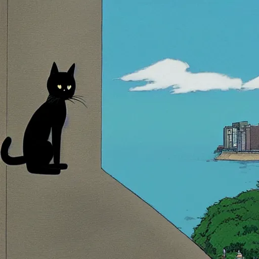 Image similar to an anthro black cat looking out over a city, Miyazaki, studio ghibli