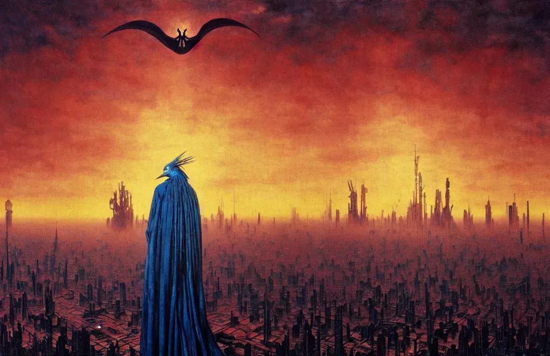 Image similar to realistic detailed portrait movie shot of a birdman wearing dark ragged robes, futuristic city sunset landscape background by denis villeneuve, amano, yves tanguy, alphonse mucha, ernst haeckel, max ernst, roger dean, ridley scott, dramatic dynamic composition, rich moody colours, blue eyes