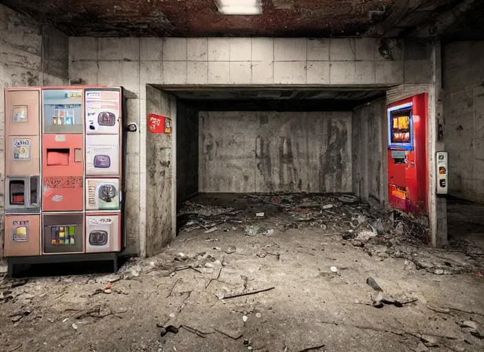 Prompt: an abandoned industrial basement lit by a lone vending machine selling GAK, unsettling image
