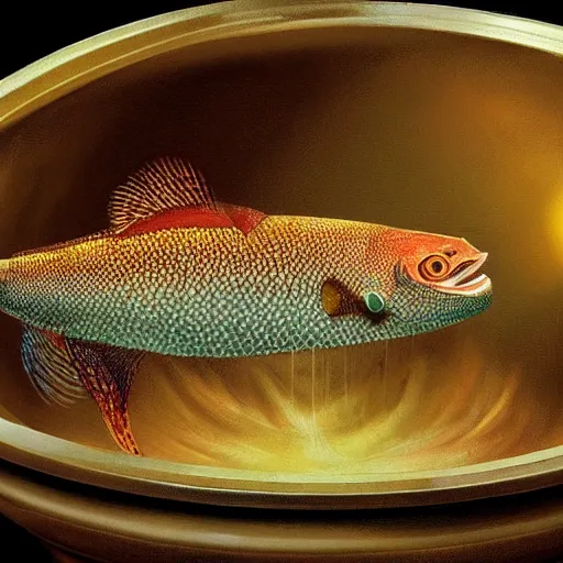 Image similar to surprised fish sitting on the top of a pile of fish, all the fish are inside a cooking pot on fire, side view, by vladimir kush, dystopian art, rococo