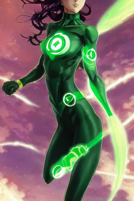 Image similar to anime key visual of a beautiful female green lantern! intricate, suit, powers, speed, goddess, dc comics, cinematic, stunning, highly detailed, digital painting, artstation, smooth, hard focus, illustration, character concepts by senior concept artist art by artgerm and greg rutkowski and alphonse mucha