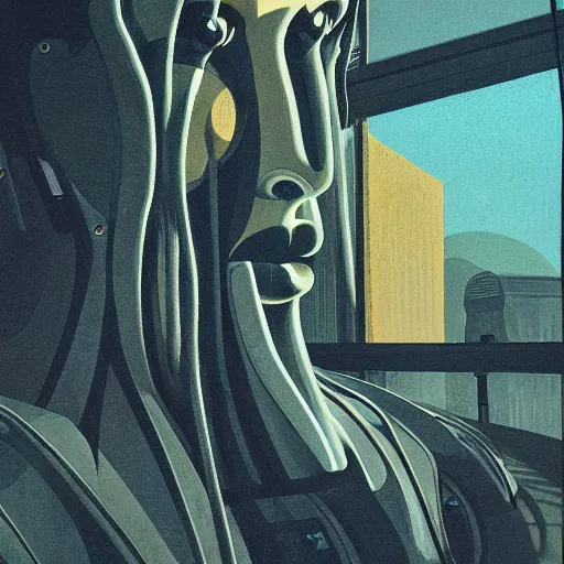 Prompt: detailed face of a woman, clockwork, moment, tectonic sky, skydome, bullet train, turbines, utopian, tech noir, wet reflections, prism, atmospheric, ambient, pj crook, syd mead, fritz lang, emma uber, edward hopper