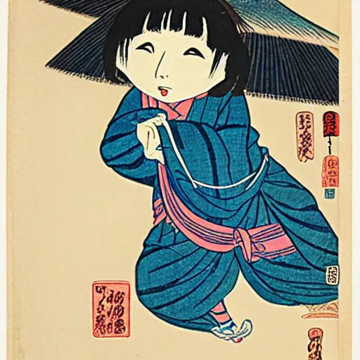 Image similar to Japanese woodblock print of real girl dora the explorer, hokusai