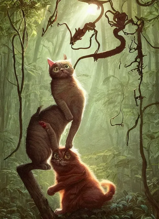 Image similar to a cat with happy lighting and technology jewelry in the woods gorgeous lighting, sunbeams blue sky, lush forest foliage painting by chiara bautista and beksinski and norman rockwell and greg rutkowski weta studio, and lucasfilm