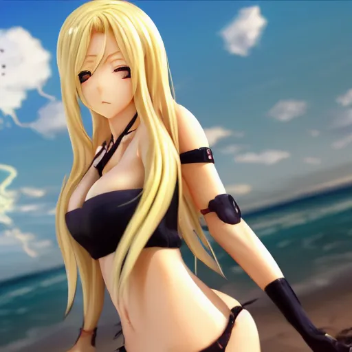 Image similar to bishamon render as a very beautiful 3d anime girl, long pure blonde hair, golden eyes, full round face, short smile, cute bikini, serene beach setting, cinematic lightning, medium shot, mid-shot, highly detailed, trending on Artstation, Unreal Engine 4k, cinematic wallpaper