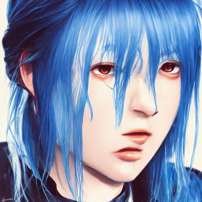 Image similar to full face shot of rimuru tempest, sky blue straight hair, long bangs, with amber eyes, wearing a black jacket, high collar, ultra detailed, concept art, award winning photography, digital painting, cinematic, wlop artstation, closeup, pixiv, evil, yoshitaka amano, andy warhol, ilya kuvshinov,