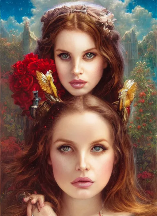 Prompt: Lana Del Rey glancing, Lilia Alvarado, Sophie Anderson, Mark Arian, Bob Byerley, Charlie Bowater, Mark Brooks, Steve Henderson, Justin Gerard, Arthur Hughes, Edward Robert Hughes, Mark Keathley, Victor Nizovtsev, Carlos Shwabe, Ross Tran, WLOP