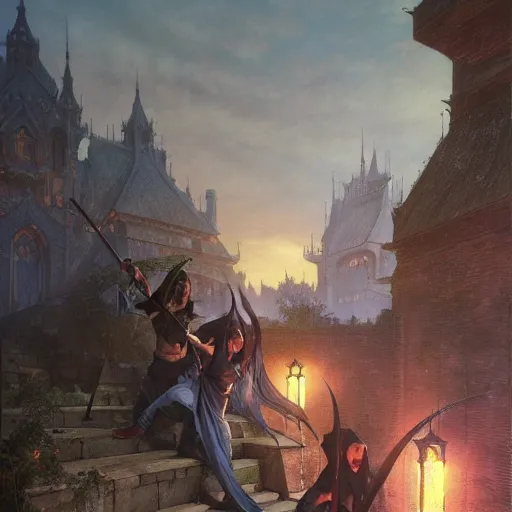 Image similar to Magic The Gathering art action shot of half elven ninjas scaling battlements in moonlight, drawn by Donato Giancola and Tom Bagshaw, Edmund Leighton, Alphonse Mucha, 4k, volumetric lighting, komorebi, intense battle scene award winning, octane render, hyperrealistic