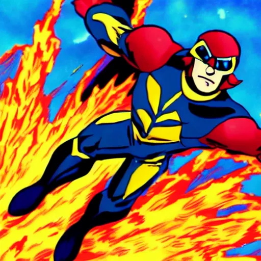 Image similar to captain falcon jumping out of blue falcon, explosions