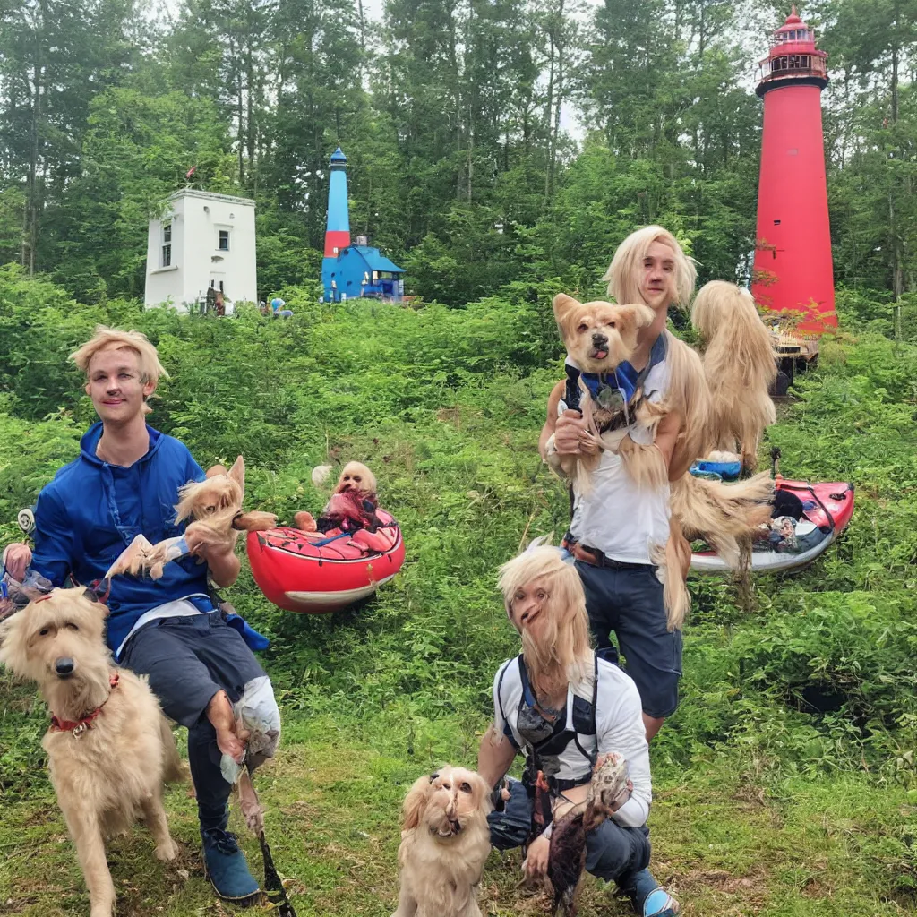 Prompt: blonde balthazar and his dog okko, celebrating a birthday party in a forest, with music cake and kayaks, with a lighthouse in the background